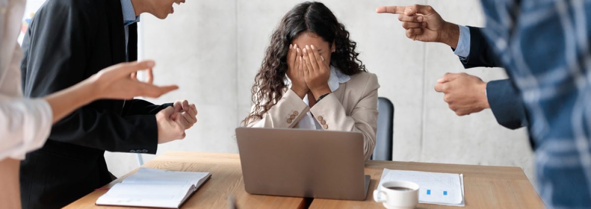 Workplace,Conflict,And,Bullying.,Aggressive,Coworkers,Yelling,At,Victimized,Businesswoman